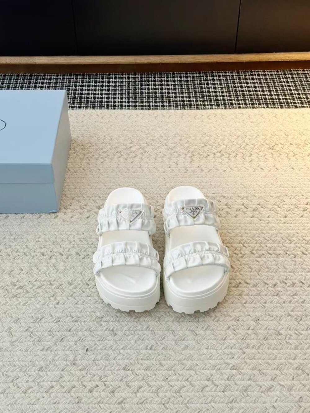 Prada White Ruched Double Strap Triangle Logo Platform Slide Sandals